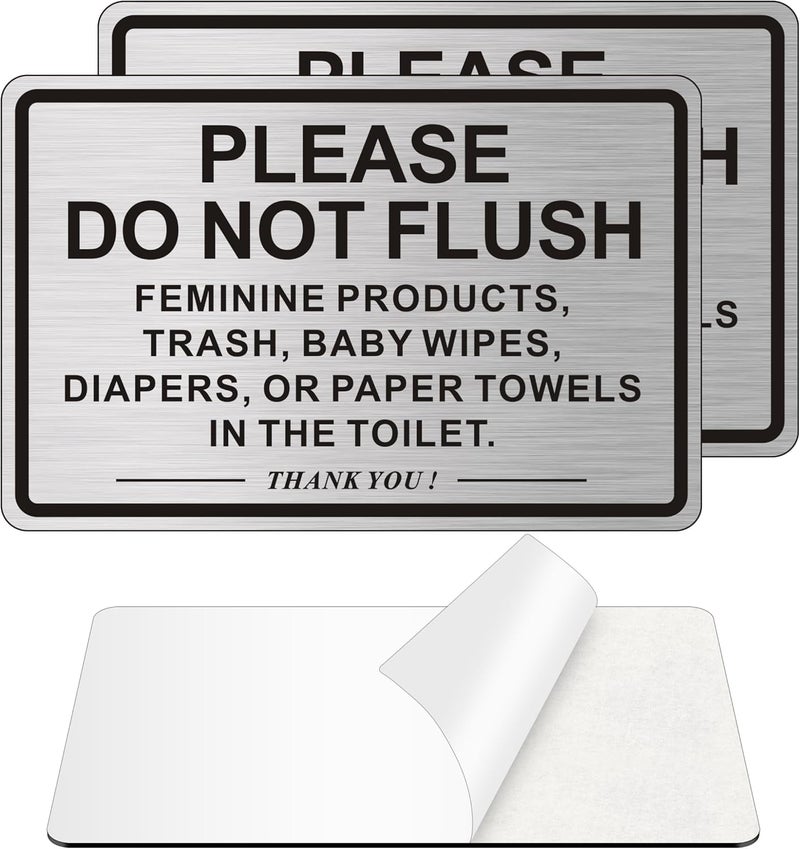 MongFun (2 PACK) Do Not Flush Sign for Bathroom, Self-adhesive Do Not Flush Anything Except Toilet Paper Sign, Aluminum Metal Signs for Business and Home (Brushed Aluminum/Black, 6 x 4 inches) - Image 1